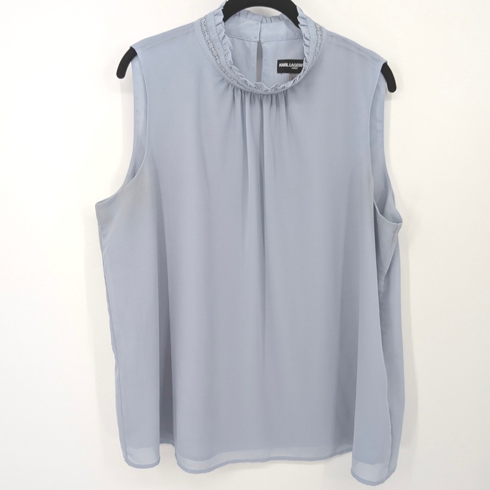 Karl Lagerfeld Paris Blouse Womens XL Blue Sleeveless Mock Neck Lace Office